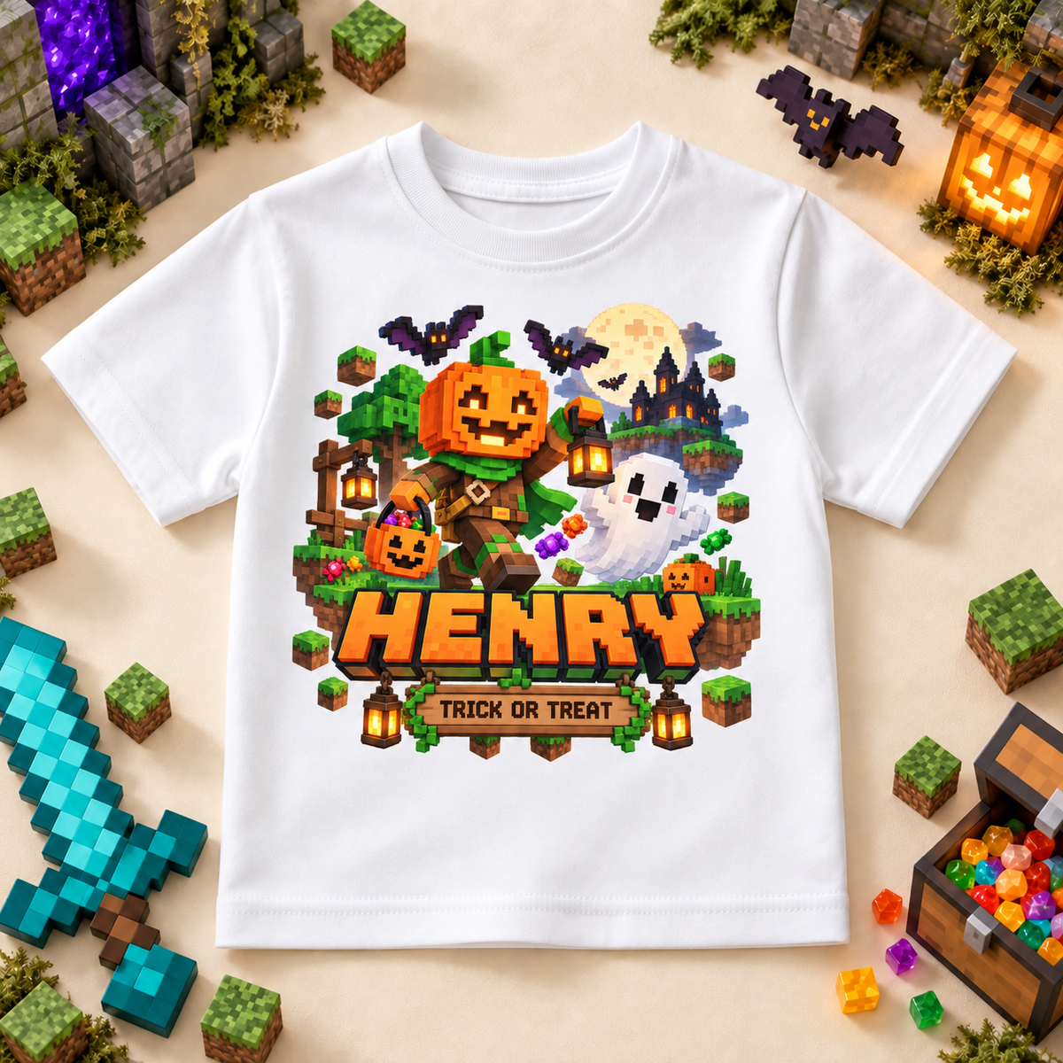 Personalised Halloween Trick or Treat Pumpkin T-Shirt for Kids; personalised name shown as an example.