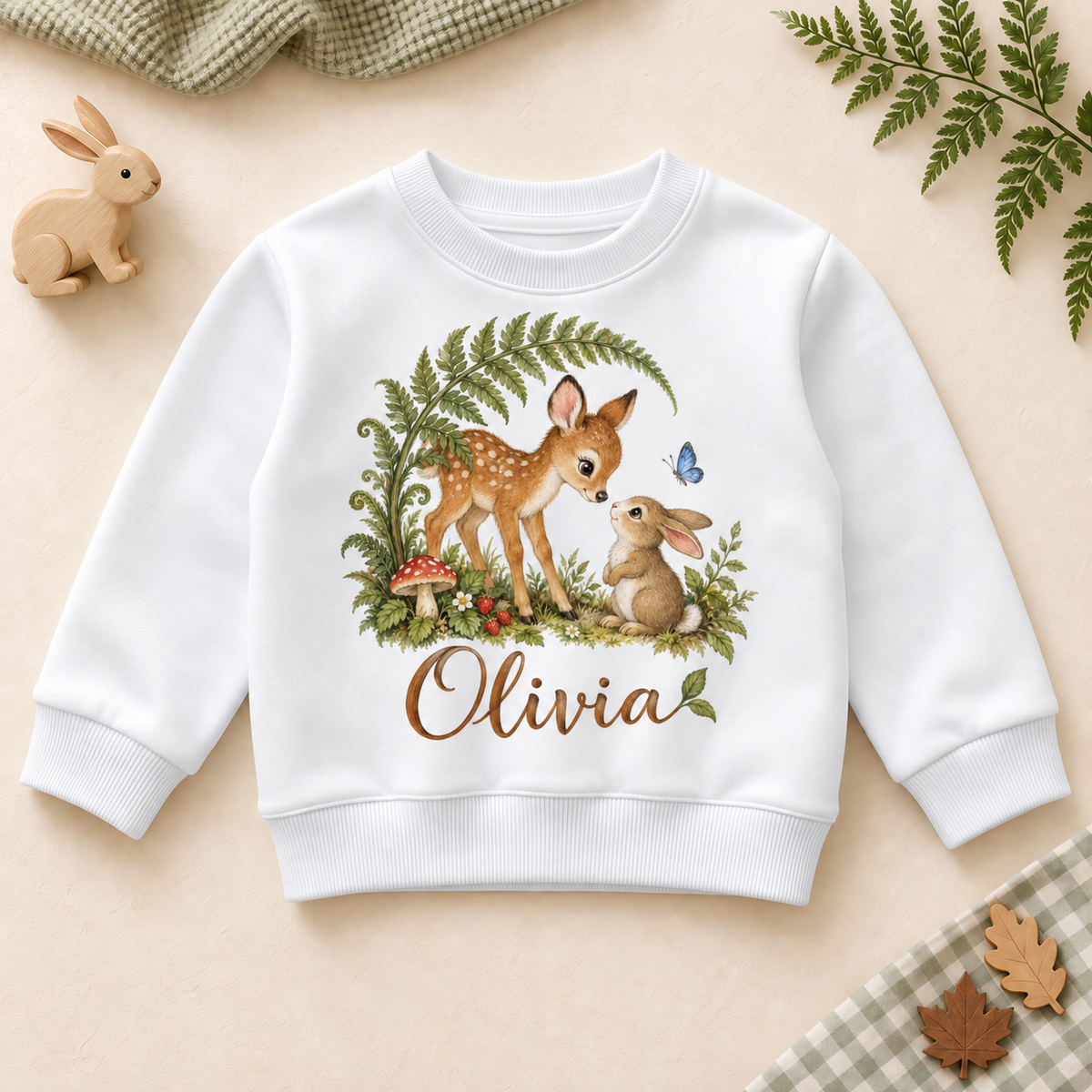 Personalised Woodland Deer and Rabbit Sweatshirt for Kids; personalised name shown as an example.