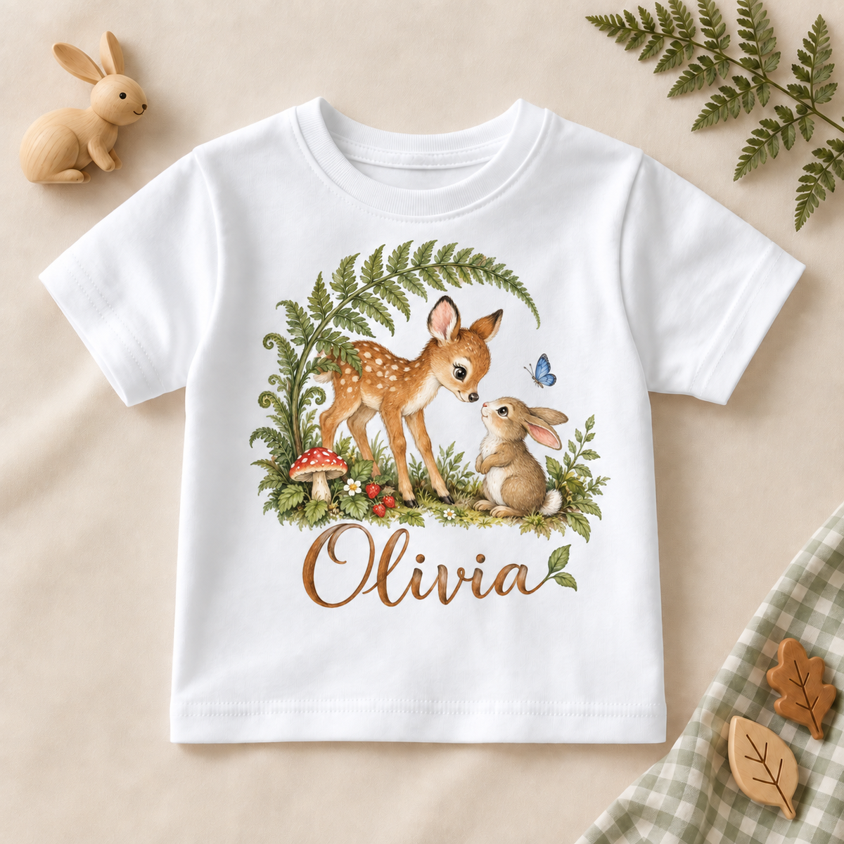 Personalised Woodland Deer and Rabbit T-Shirt for Kids; personalised name shown as an example.