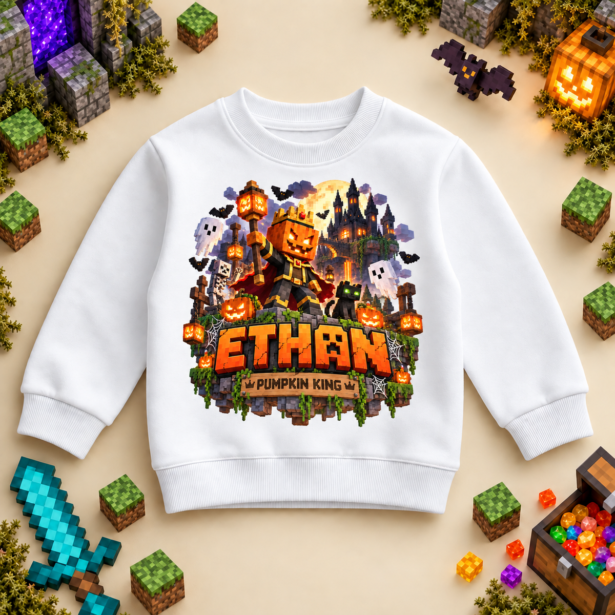 Personalised Halloween Pumpkin King Sweatshirt for Kids; personalised name shown as an example.