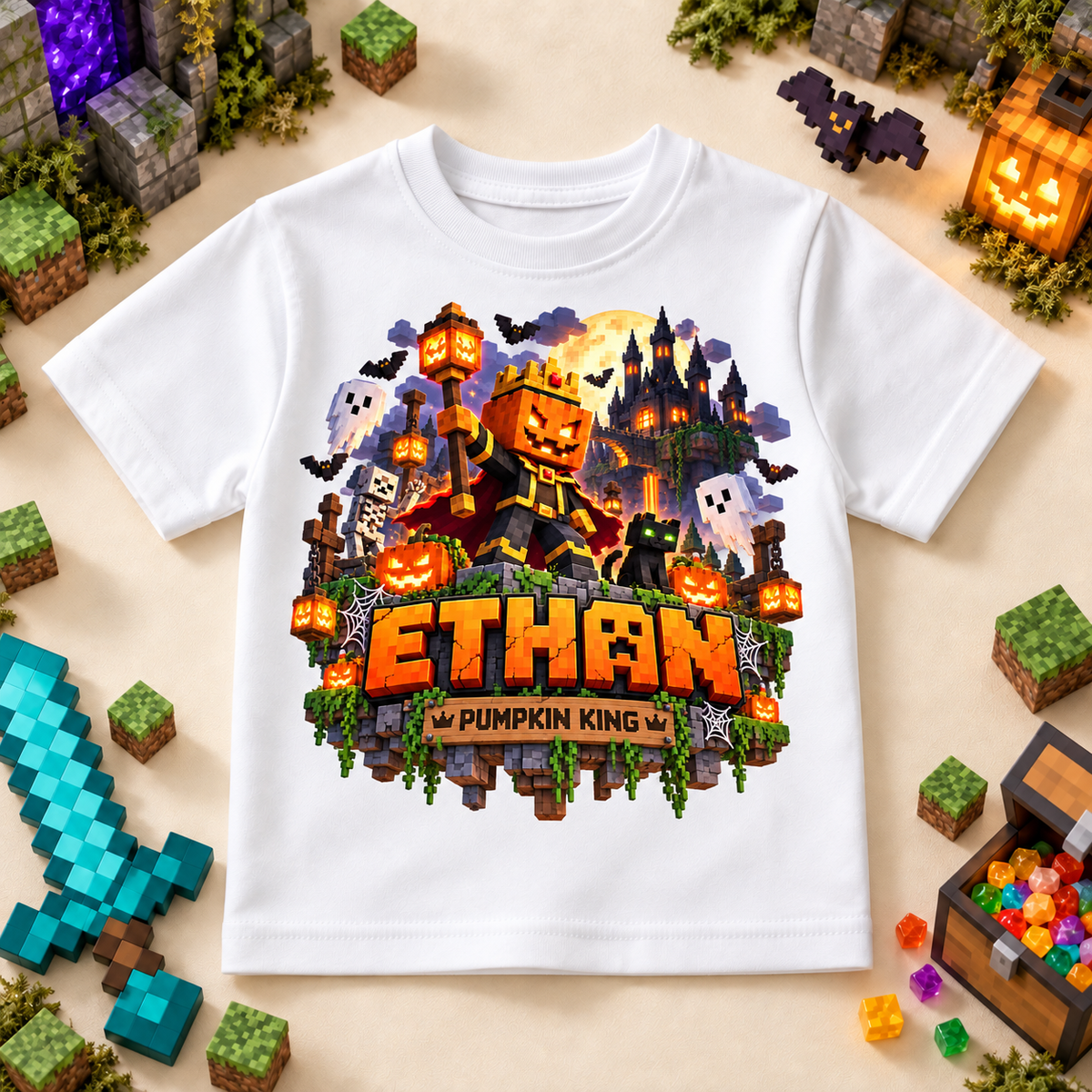 Personalised Halloween Pumpkin King T-Shirt for Kids; personalised name shown as an example.