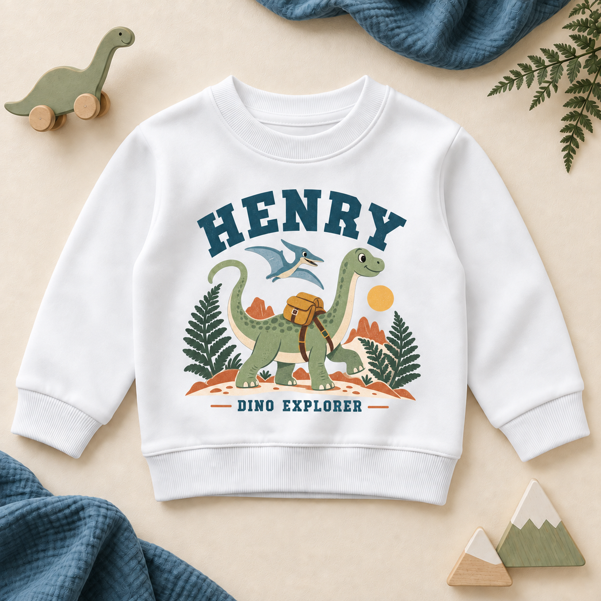 Personalised Dinosaur Explorer Sweatshirt for Kids; personalised name shown as an example.