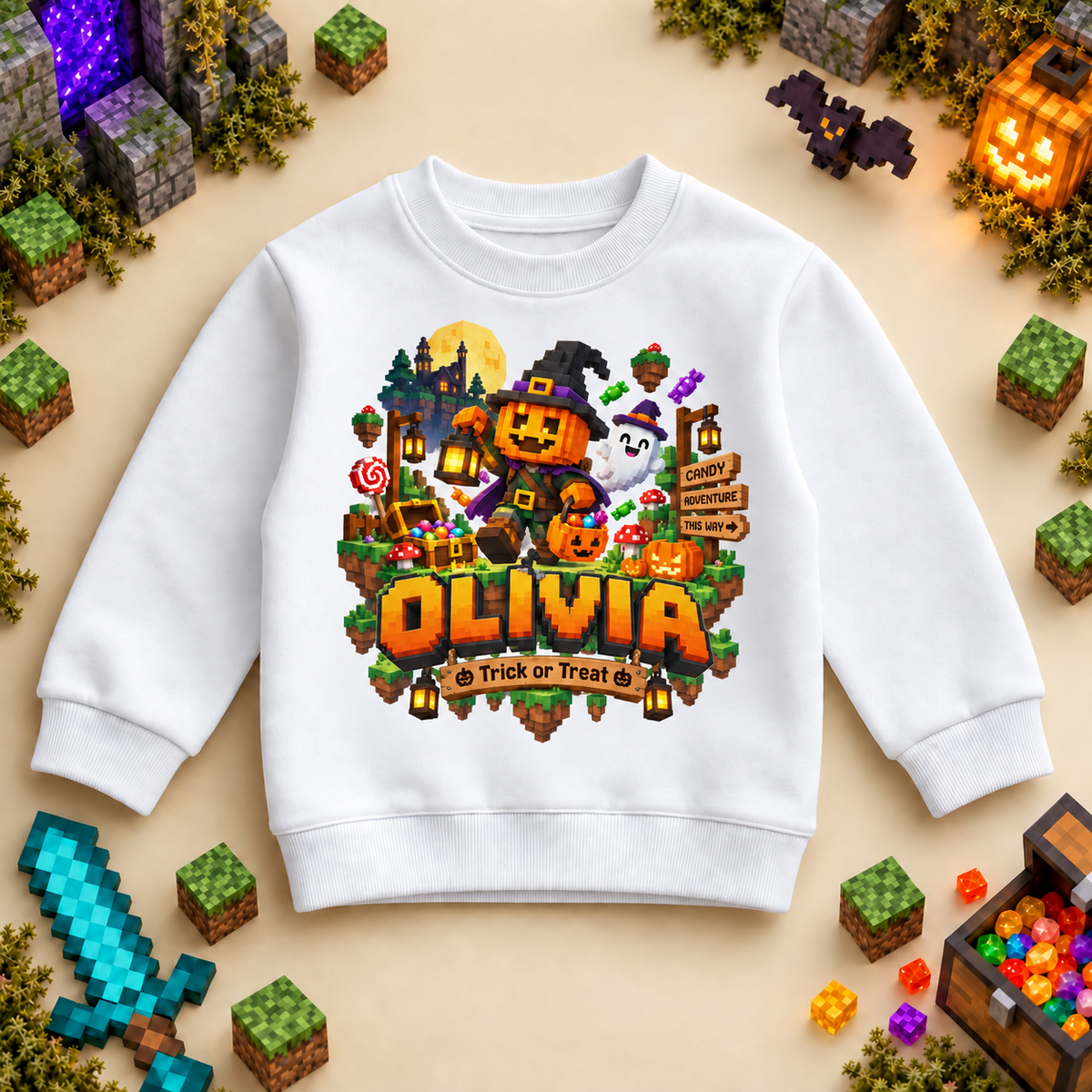 Personalised Halloween Pumpkin Witch Sweatshirt for Kids; personalised name shown as an example.