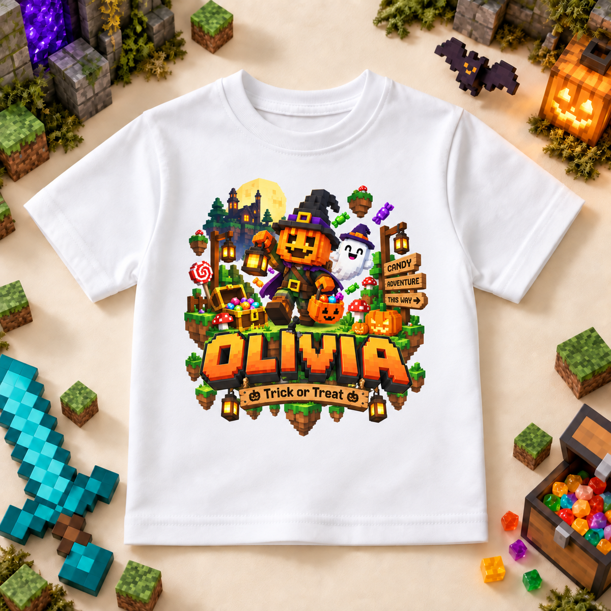 Personalised Halloween Pumpkin Witch T-Shirt for Kids; personalised name shown as an example.