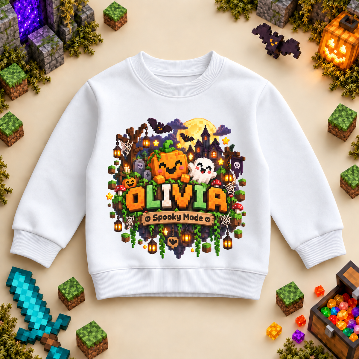 Personalised Halloween Pumpkin and Ghost Sweatshirt for Kids; personalised name shown as an example.