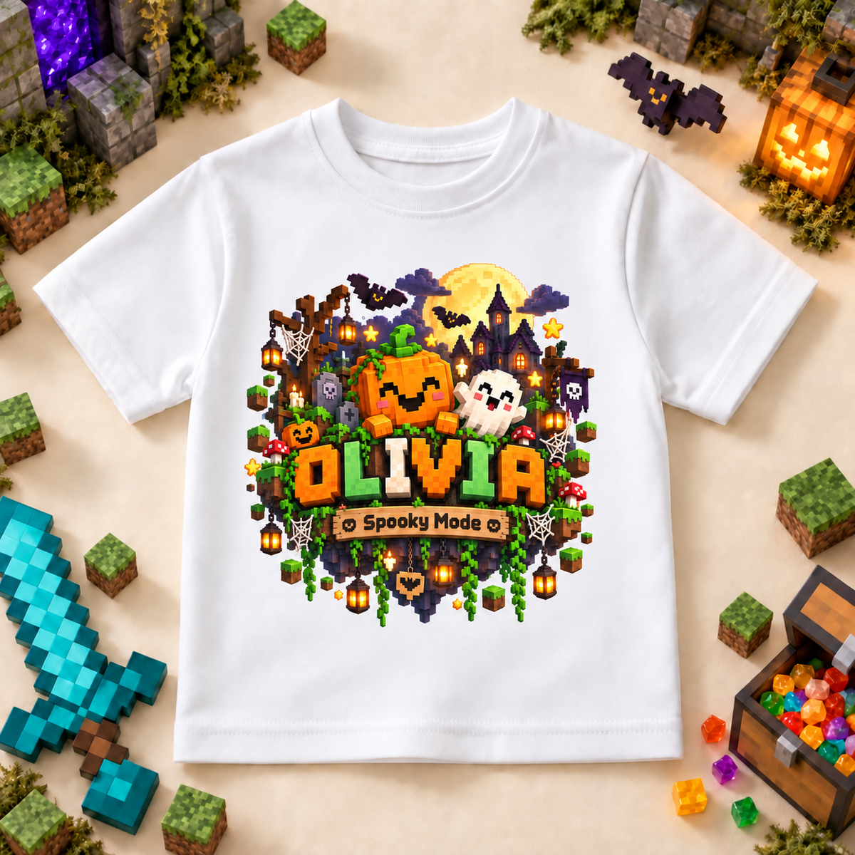 Personalised Halloween Pumpkin and Ghost T-Shirt for Kids; personalised name shown as an example.