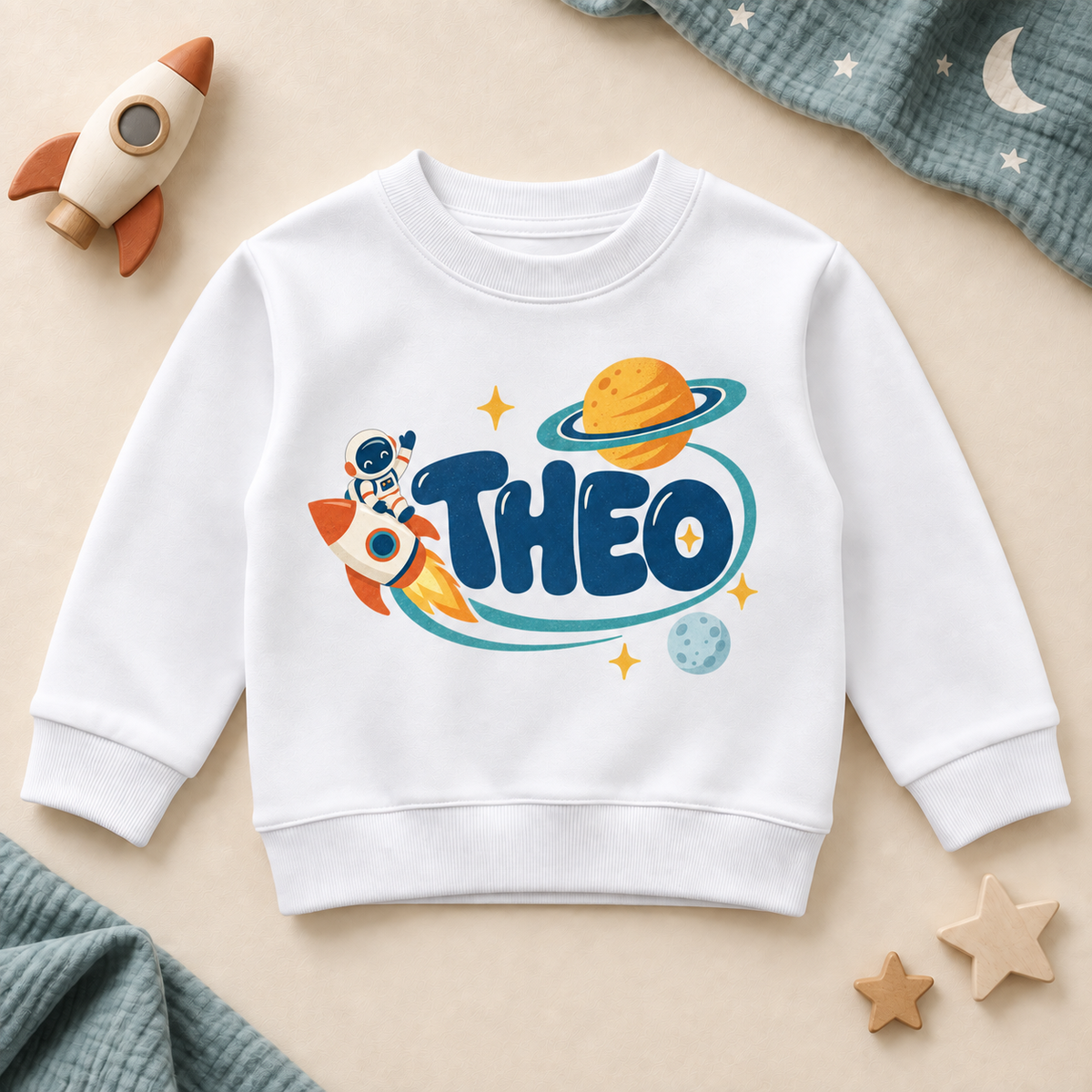 Personalised Space Rocket Astronaut Sweatshirt for Kids; personalised name shown as an example.