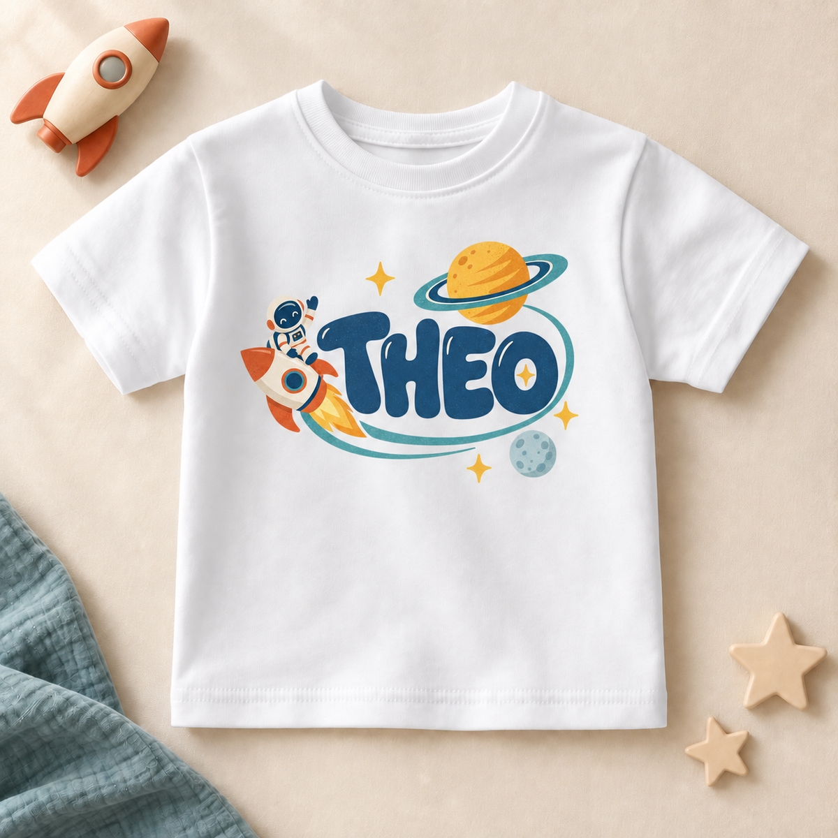 Personalised Space Rocket Astronaut T-Shirt for Kids; personalised name shown as an example.