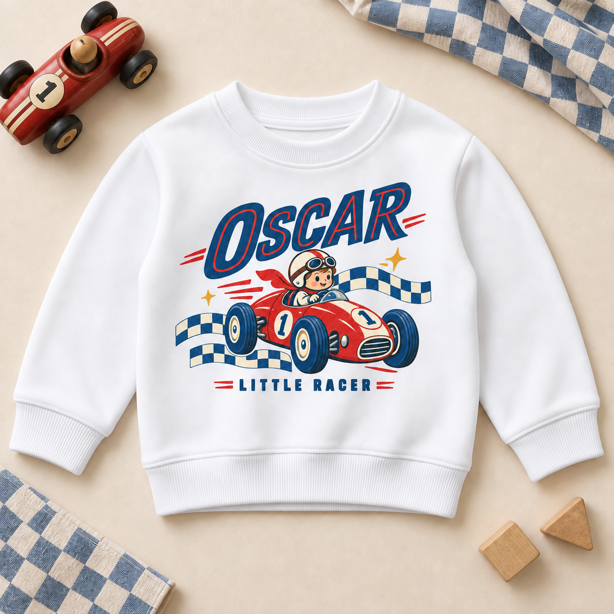 Personalised Retro Racing Car Sweatshirt for Kids; personalised name shown as an example.