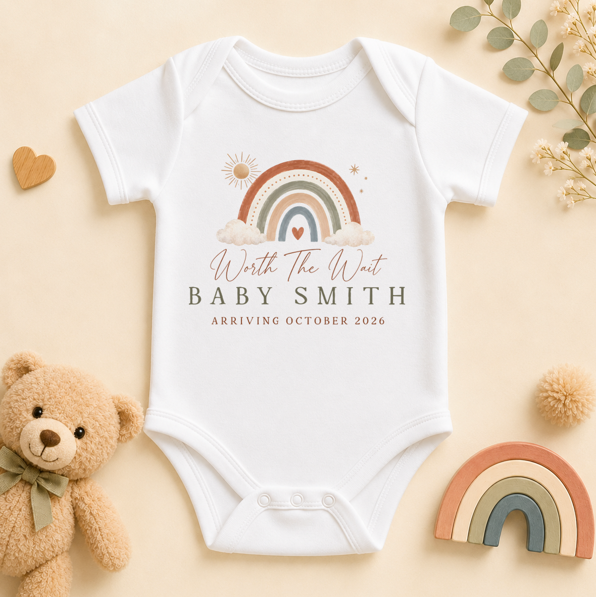 Personalised New Baby Announcement Vest Bodysuit, Worth The Wait with Name and Date