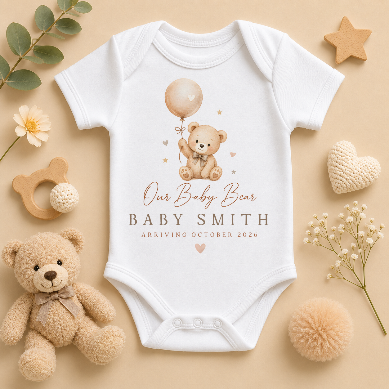 Personalised New Baby Announcement Vest Bodysuit, Teddy Bear with Name and Date
