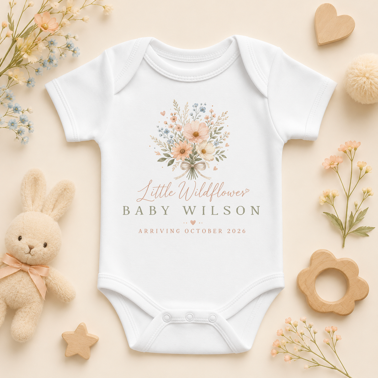 Personalised New Baby Announcement Vest Bodysuit, Little Wildflower with Name and Date