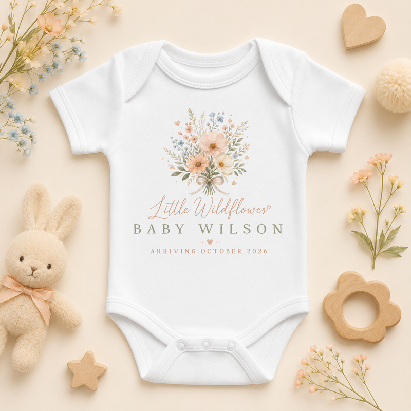 Personalised New Baby Announcement Vest Bodysuit, Little Wildflower with Name and Date