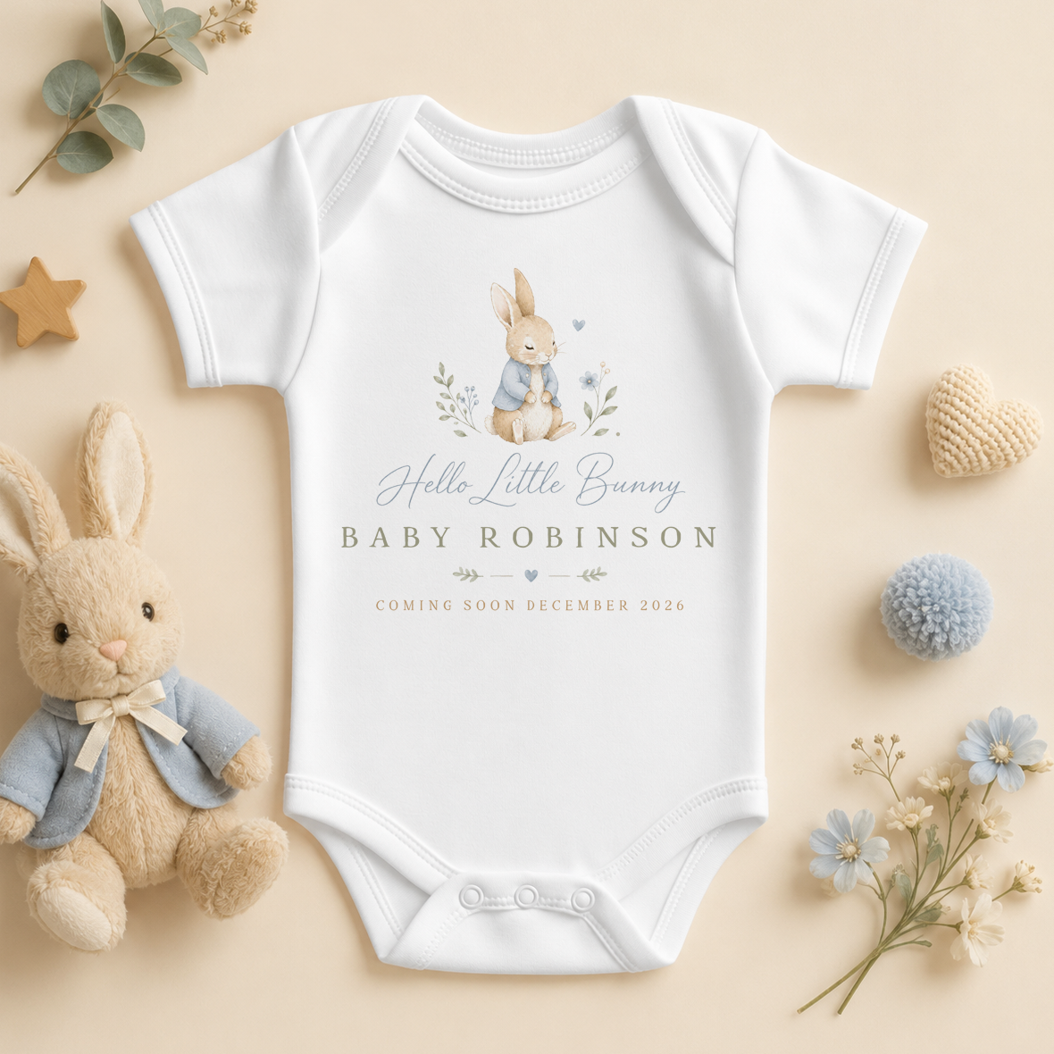 Personalised New Baby Announcement Vest Bodysuit, Hello Little Bunny with Name and Date