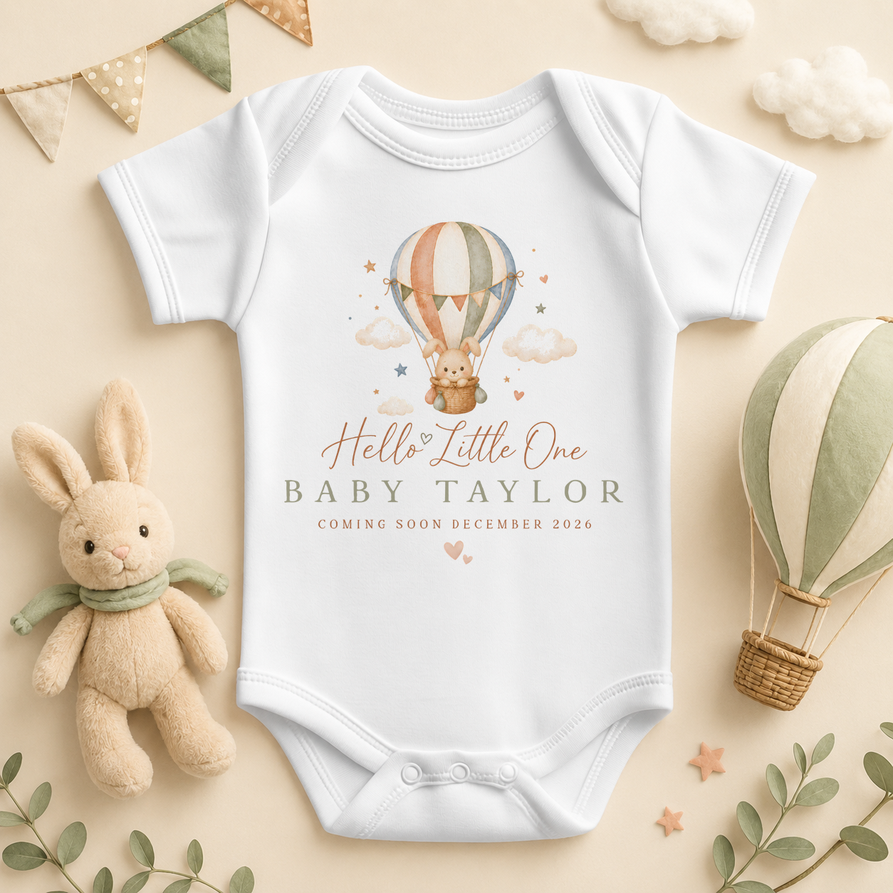 Personalised New Baby Announcement Vest Bodysuit, Hello Little One with Name and Date