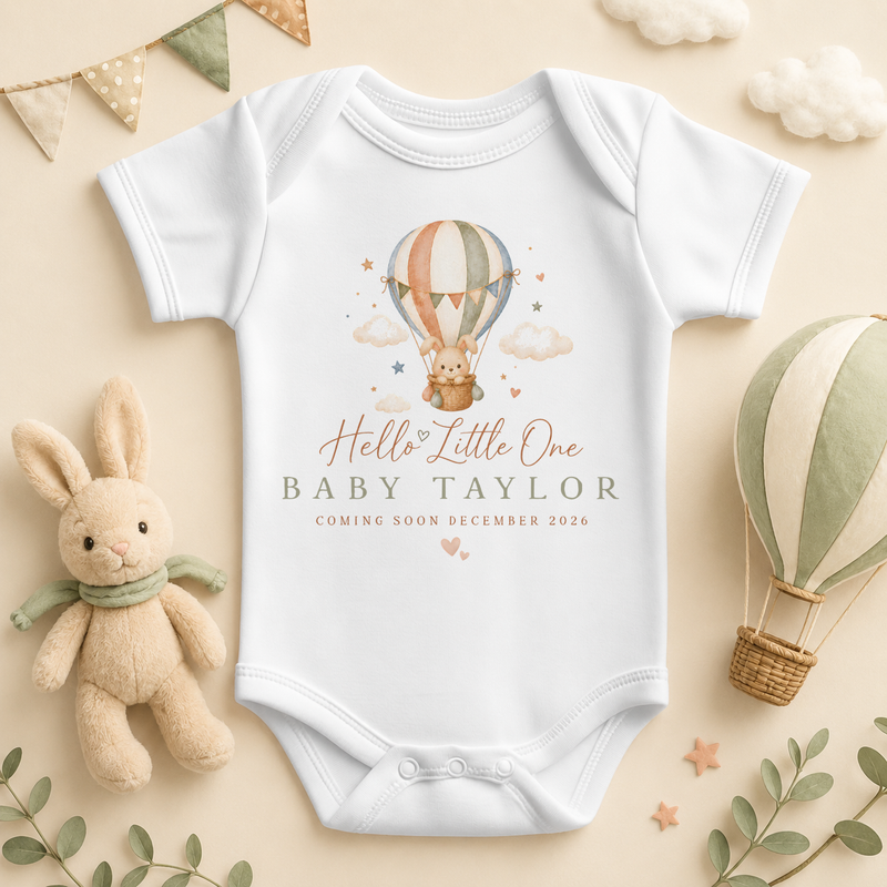Personalised New Baby Announcement Vest Bodysuit, Hello Little One with Name and Date