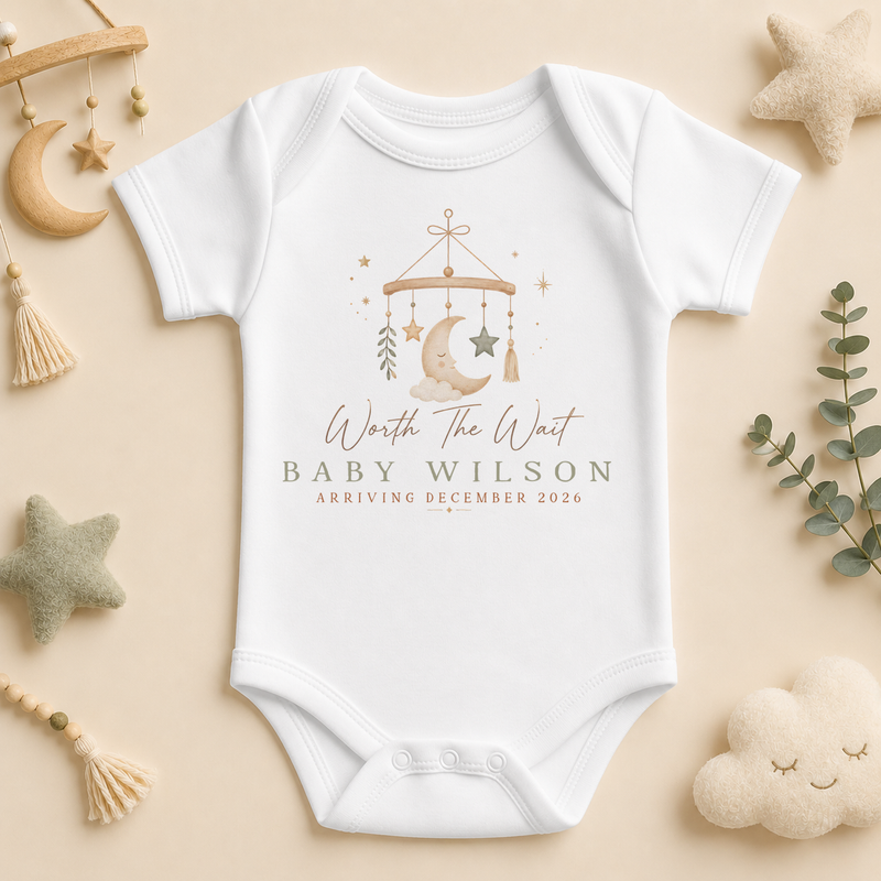 Personalised New Baby Announcement Vest Bodysuit, Worth The Wait with Name and Date
