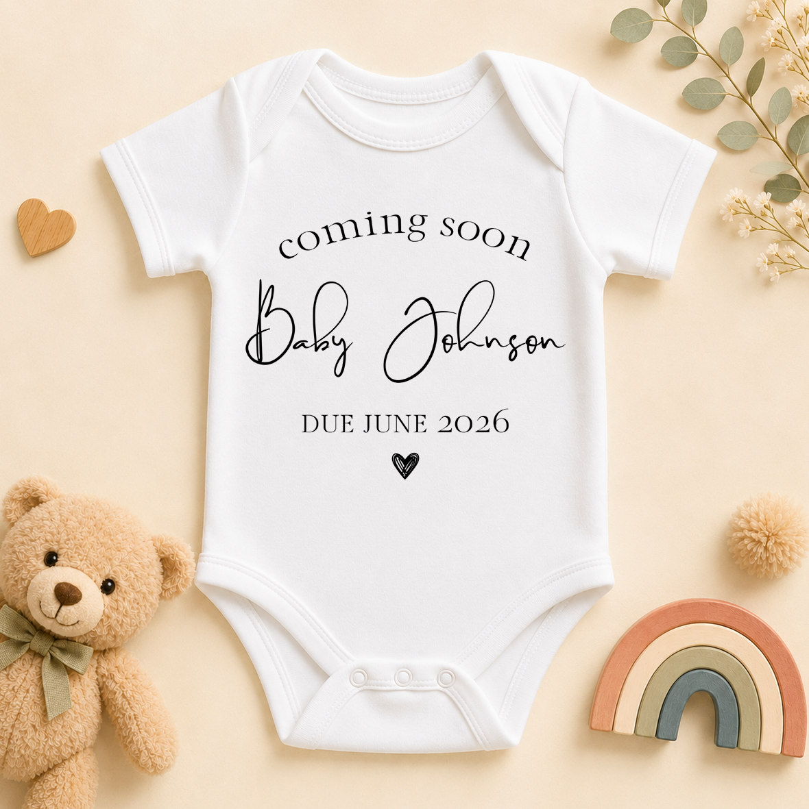Personalised Coming Soon Baby Vest Bodysuit, Pregnancy Announcement with Surname and Due Date
