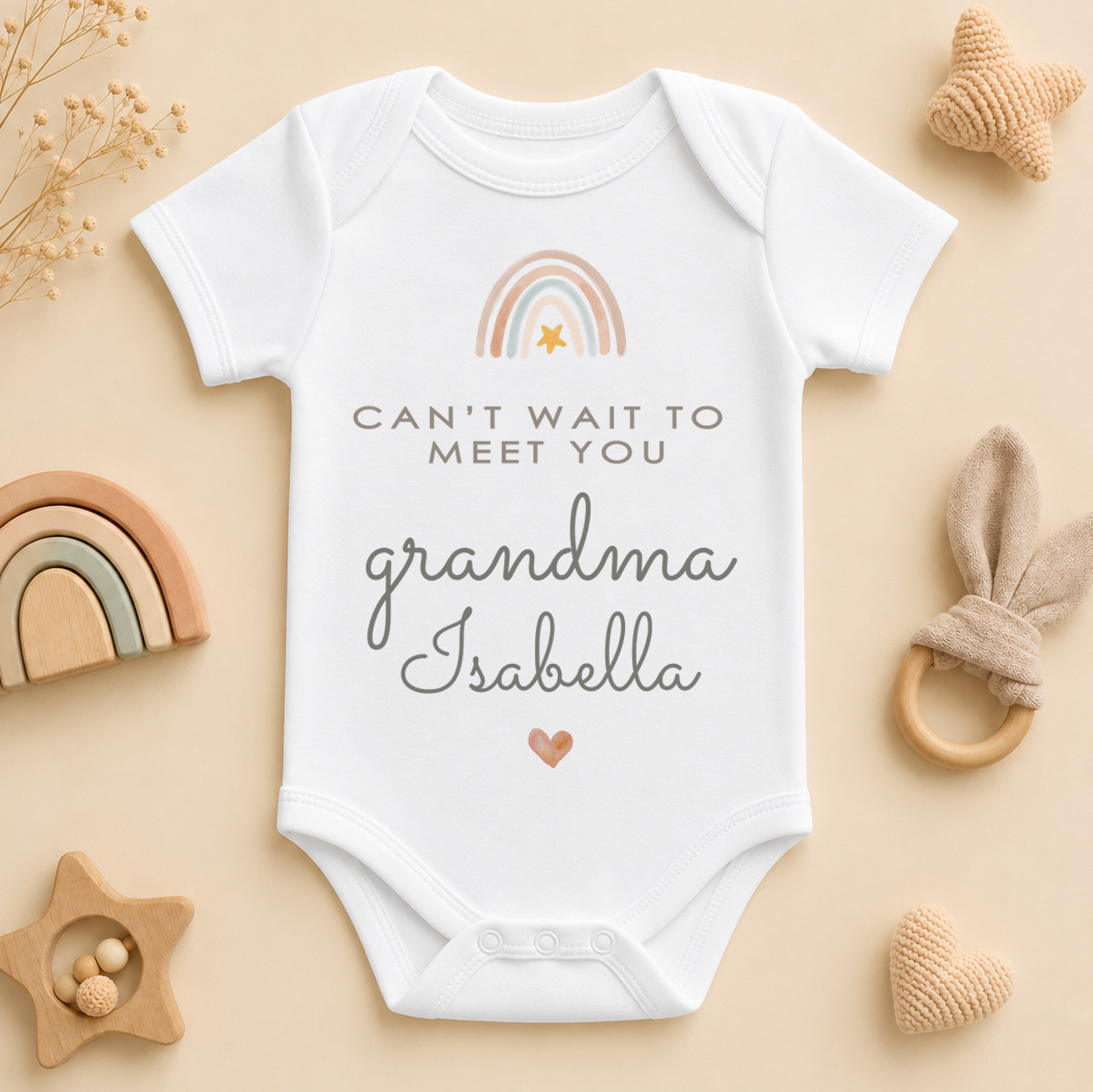 Personalised Name Baby Vest Bodysuit Can't Wait to Meet You Grandma Boho Rainbow Star Heart for Newborn Announcement Gift