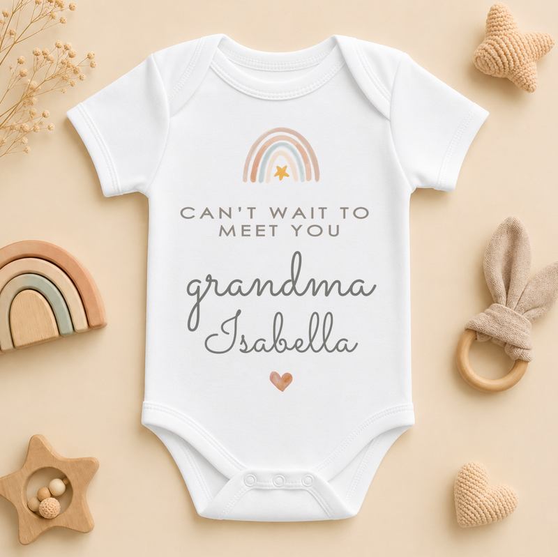 Personalised Name Baby Vest Bodysuit Can't Wait to Meet You Grandma Boho Rainbow Star Heart for Newborn Announcement Gift