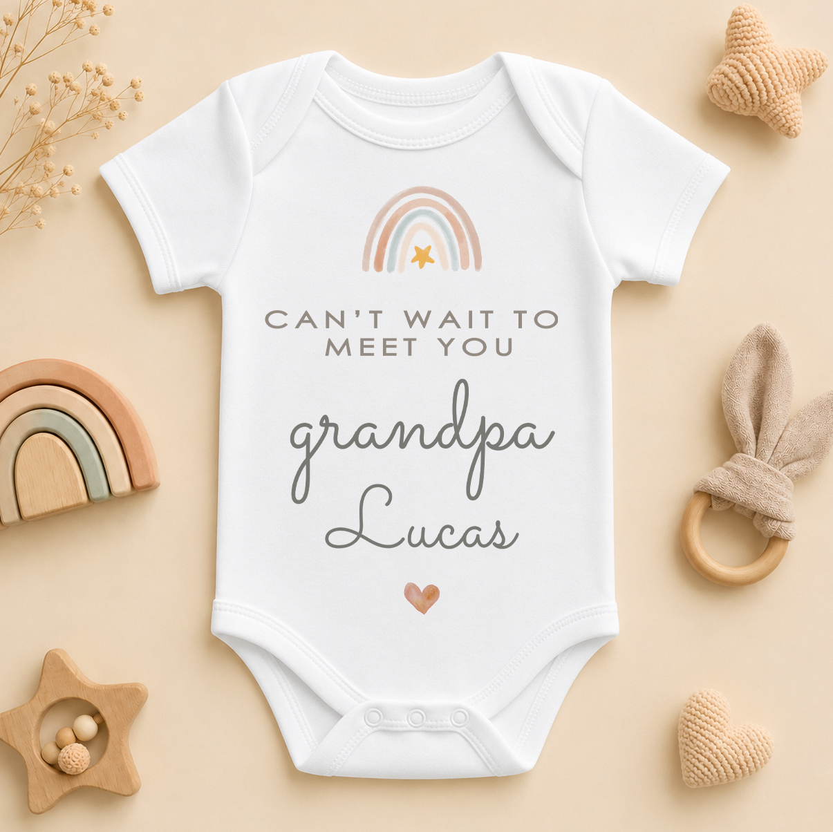Personalised Name Baby Vest Bodysuit Can't Wait to Meet You Grandpa Boho Rainbow Star Heart for Newborn Announcement Gift