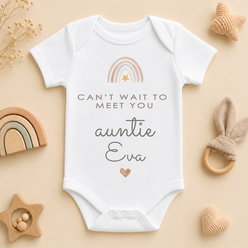 Personalised Name Baby Vest Bodysuit Can't Wait to Meet You Auntie Rainbow Heart Script for Newborn Announcement Gift