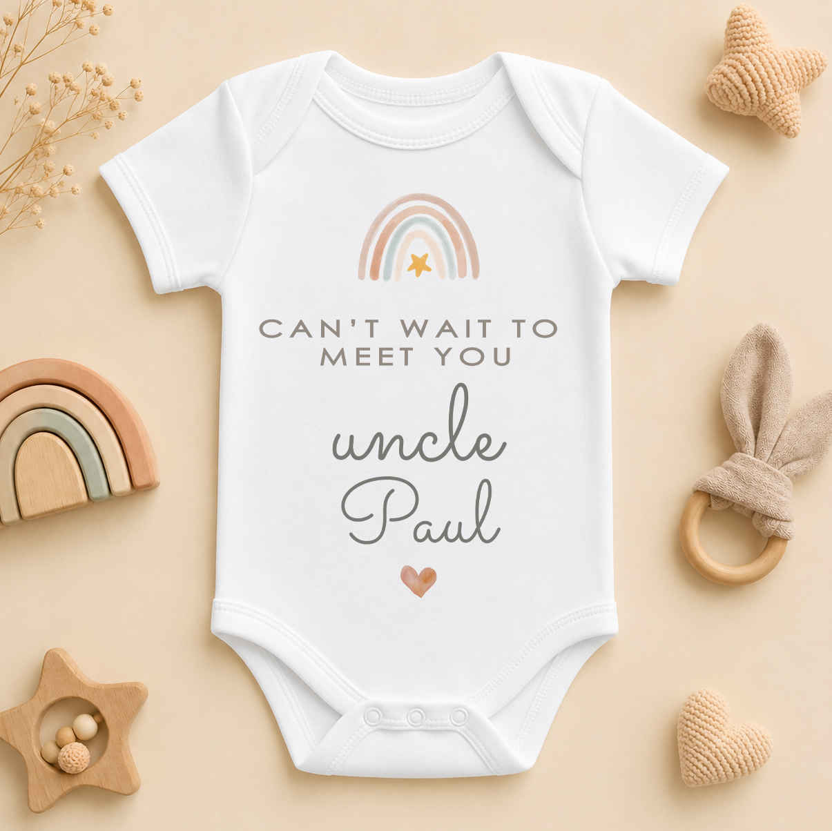 Personalised Name Baby Vest Bodysuit Can't Wait to Meet You Uncle Boho Rainbow Star Heart for Newborn Announcement Gift