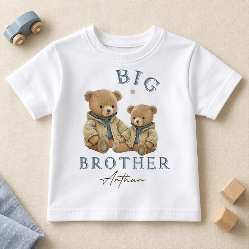 White personalised Big Brother T-shirt with two teddy bears in khaki jackets and the example name Arthur.