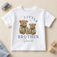 White personalised Little Brother T-shirt with two teddy bears in khaki jackets and the example name Daniel.
