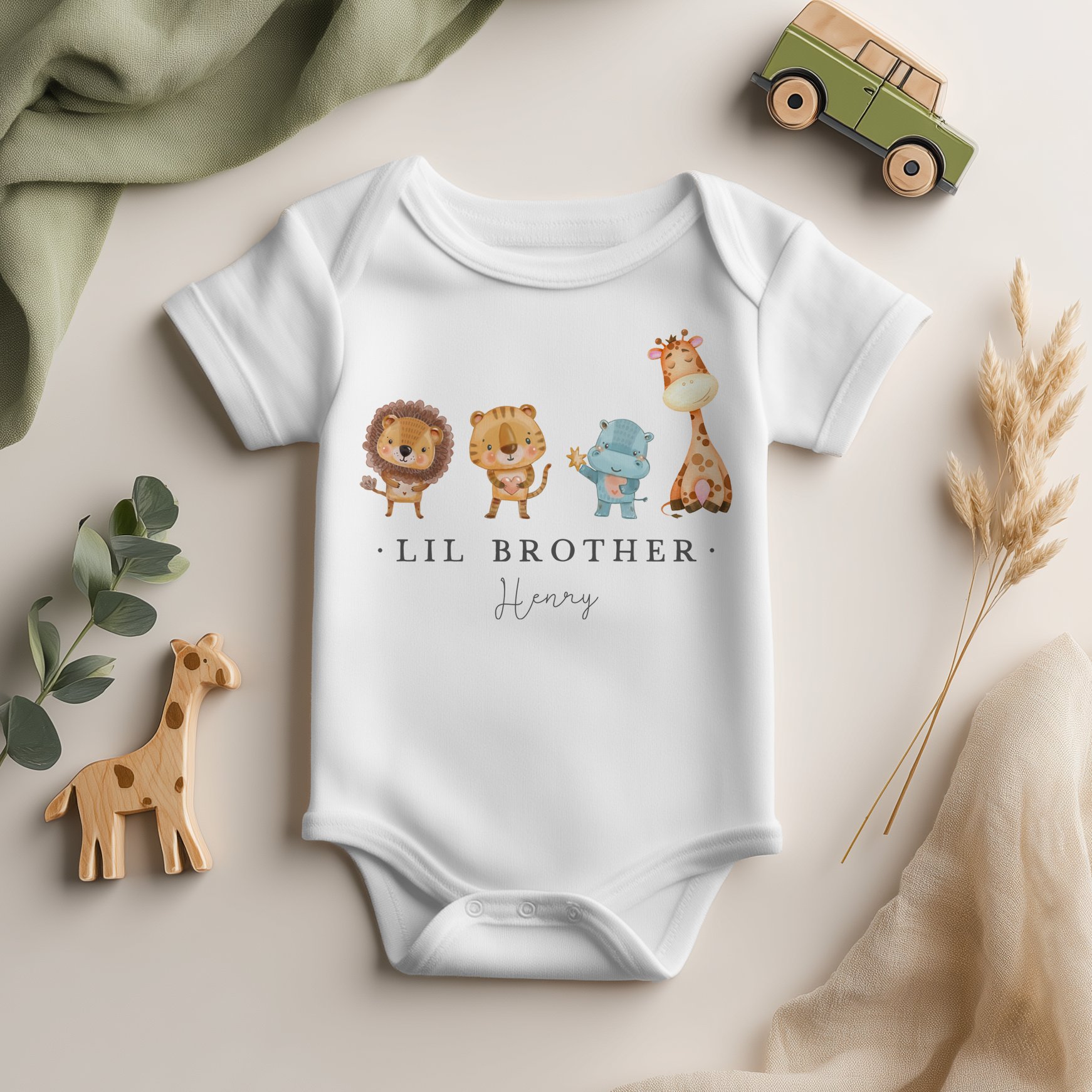 Personalised Lil Brother Safari Animals Baby Bodysuit