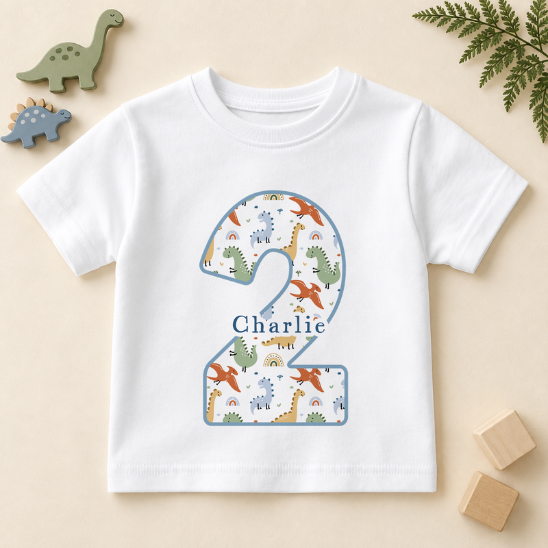 White toddler T-shirt with a blue-outlined number 2 filled with colourful dinosaurs and rainbows, personalised with the example name Charlie.