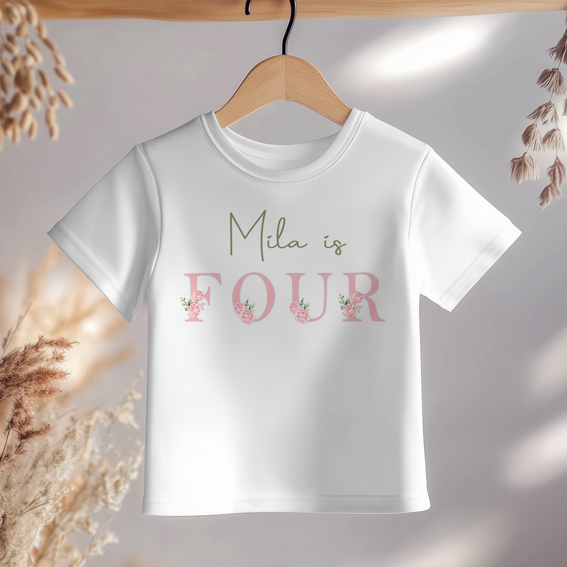 4th Birthday Floral Theme Personalised Kids T Shirt