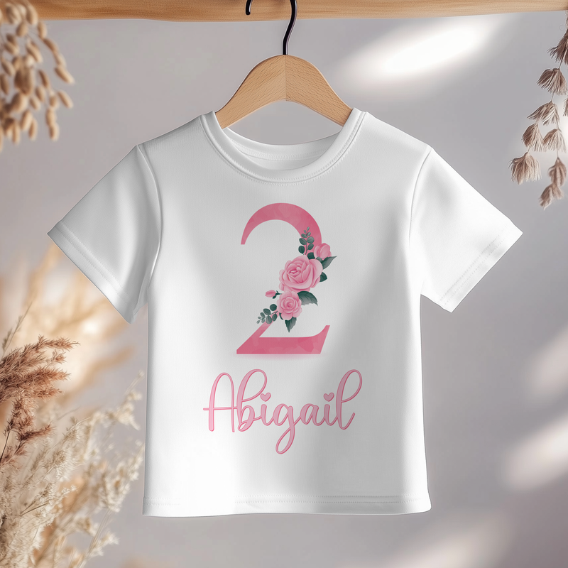 2nd Birthday Pink Floral Personalised Toddler & Kids T Shirt