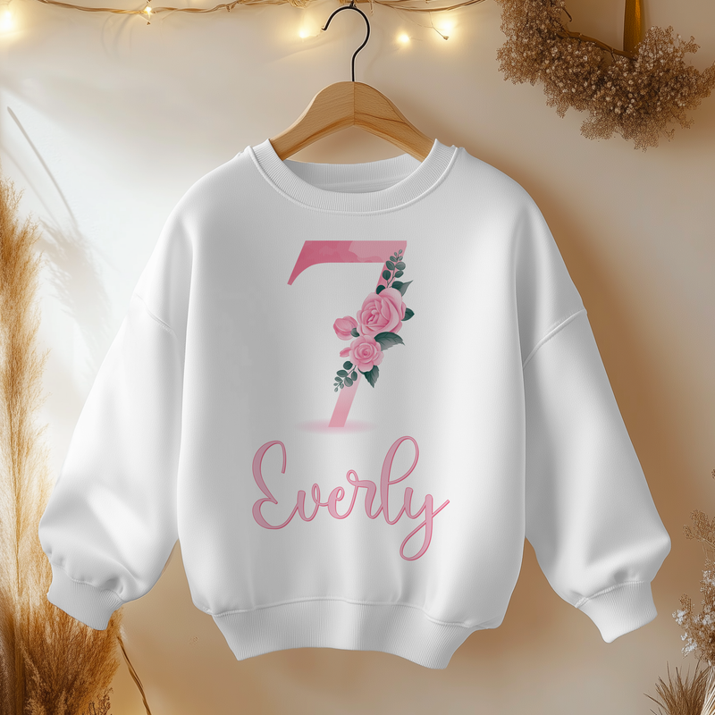 7th Birthday Pink Floral Personalised Kids Sweatshirt
