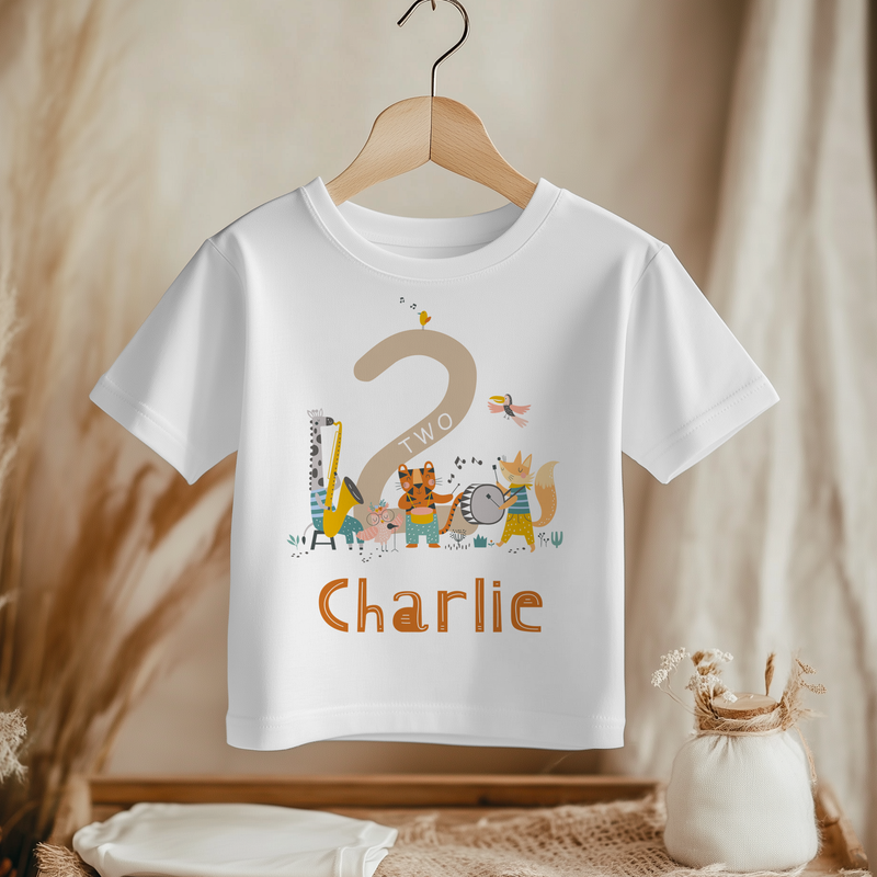 2nd Birthday Animal Musicians Personalised Kids T Shirt