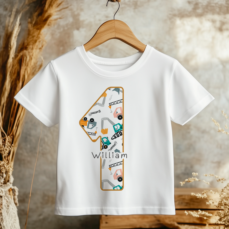 1st Birthday Construction Excavator Personalised Kids & Toddler T Shirt