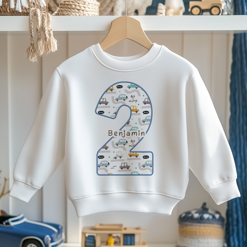 2nd Birthday Cars Pattern Personalised Toddler & Kids Sweatshirt