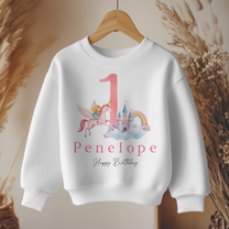 Personalised Name Girls Jumper 1st Birthday Pink Unicorn Princess Castle Rainbow Clouds for Kids Gift