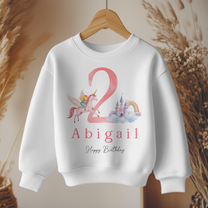 Personalised Name Girls Jumper 2nd Birthday Pink Unicorn Princess Castle Rainbow Clouds Script for Kids Gift