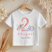 Personalised Name Girls T-Shirt 2nd Birthday Unicorn Princess Castle Rainbow Clouds for Kids Gift