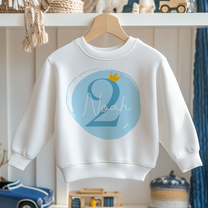 Personalised Name Kids Jumper 2nd Birthday Crown Number Two Script Lettering Circle Badge for Toddler Gift