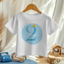 Personalised Name Kids T-Shirt 2nd Birthday Blue Circle Gold Crown Script Lettering for Toddler Gift