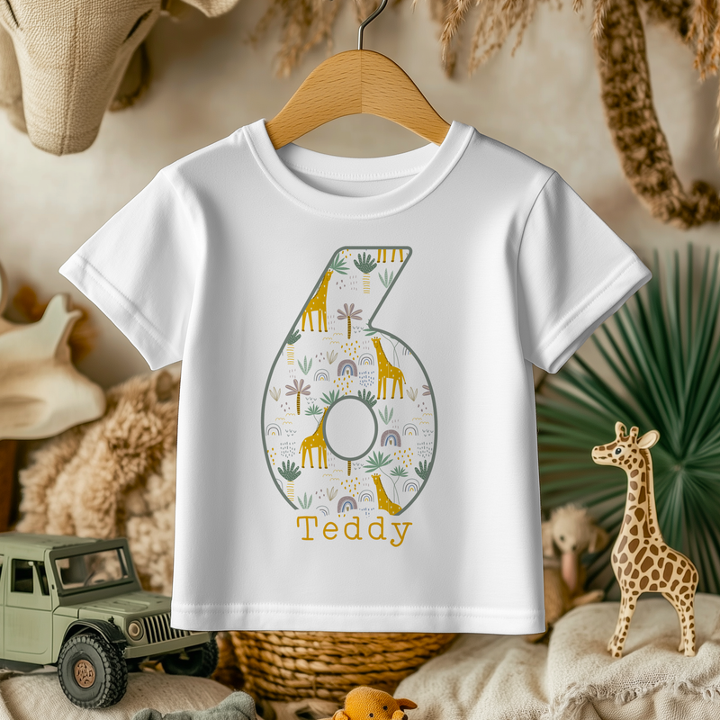 6th Birthday Giraffe Theme Personalised Kids T Shirt