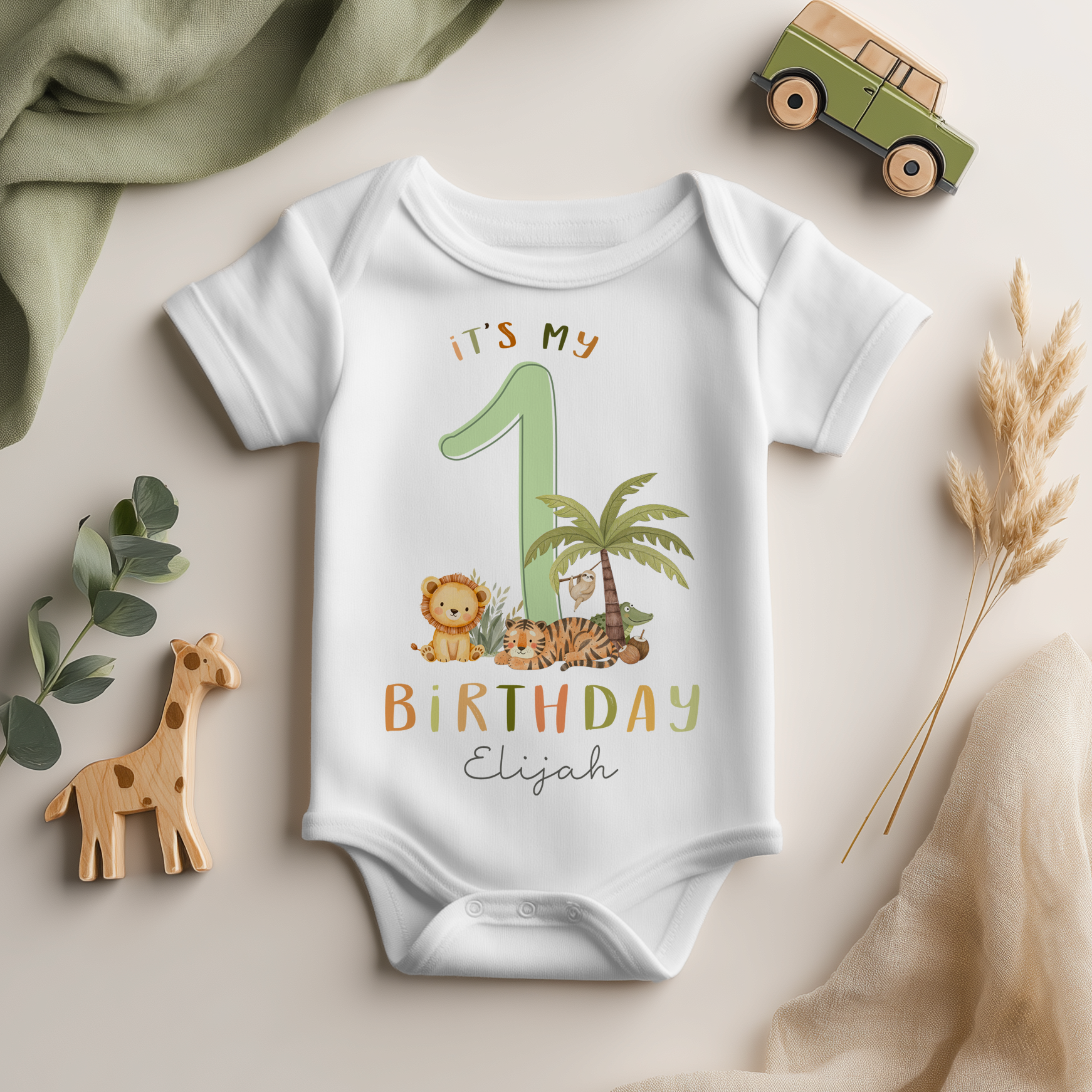 1st Birthday Safari Jungle Animals Personalised Baby Bodysuit