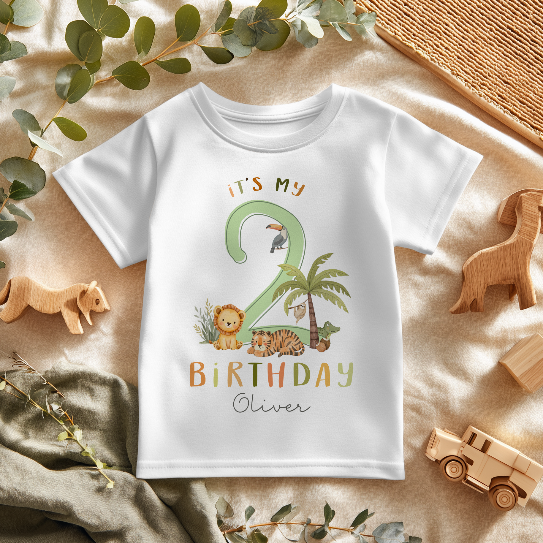 2nd Birthday Safari Jungle Animals Personalised Toddler & Kids T Shirt