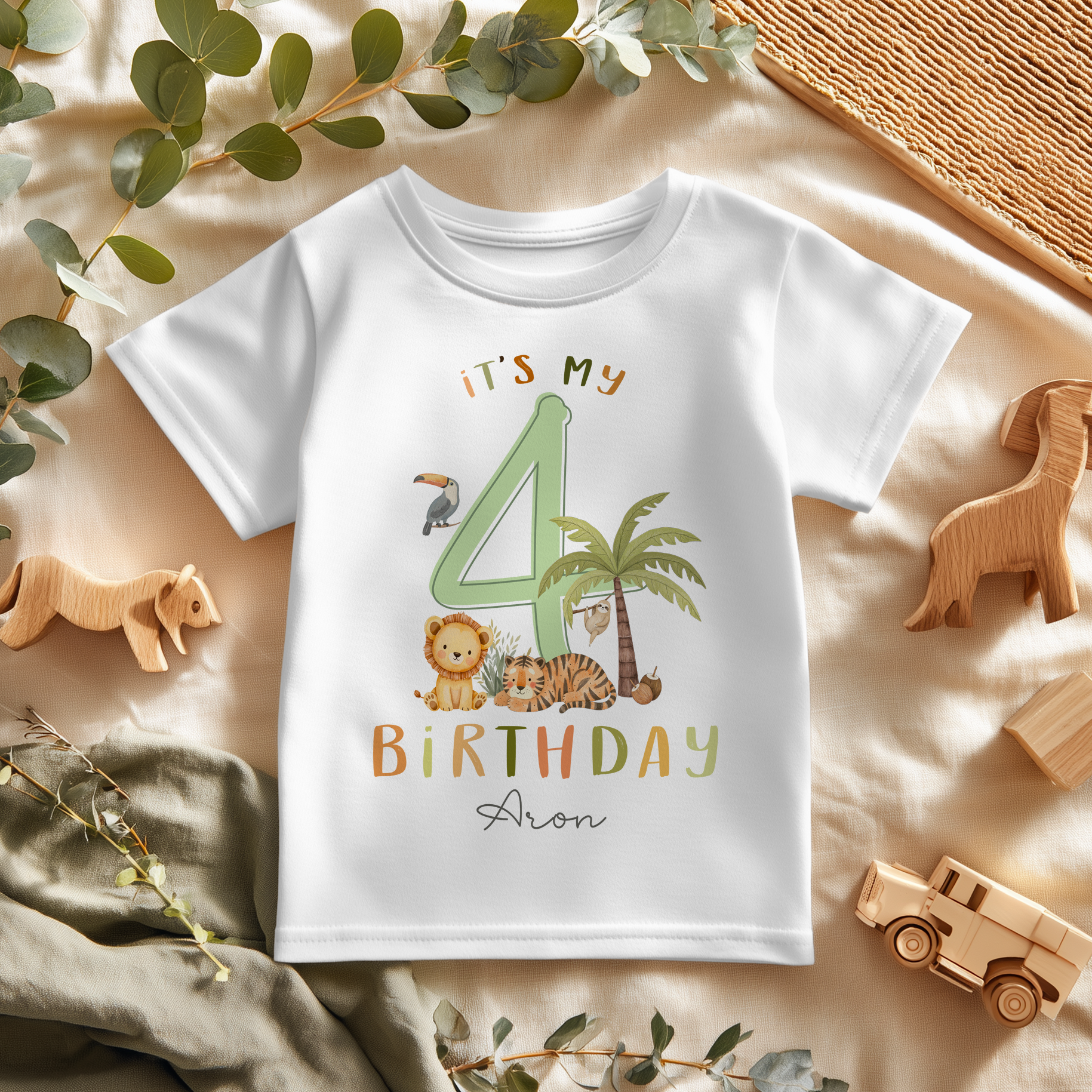 4th Birthday Safari Jungle Animals Personalised Kids T Shirt