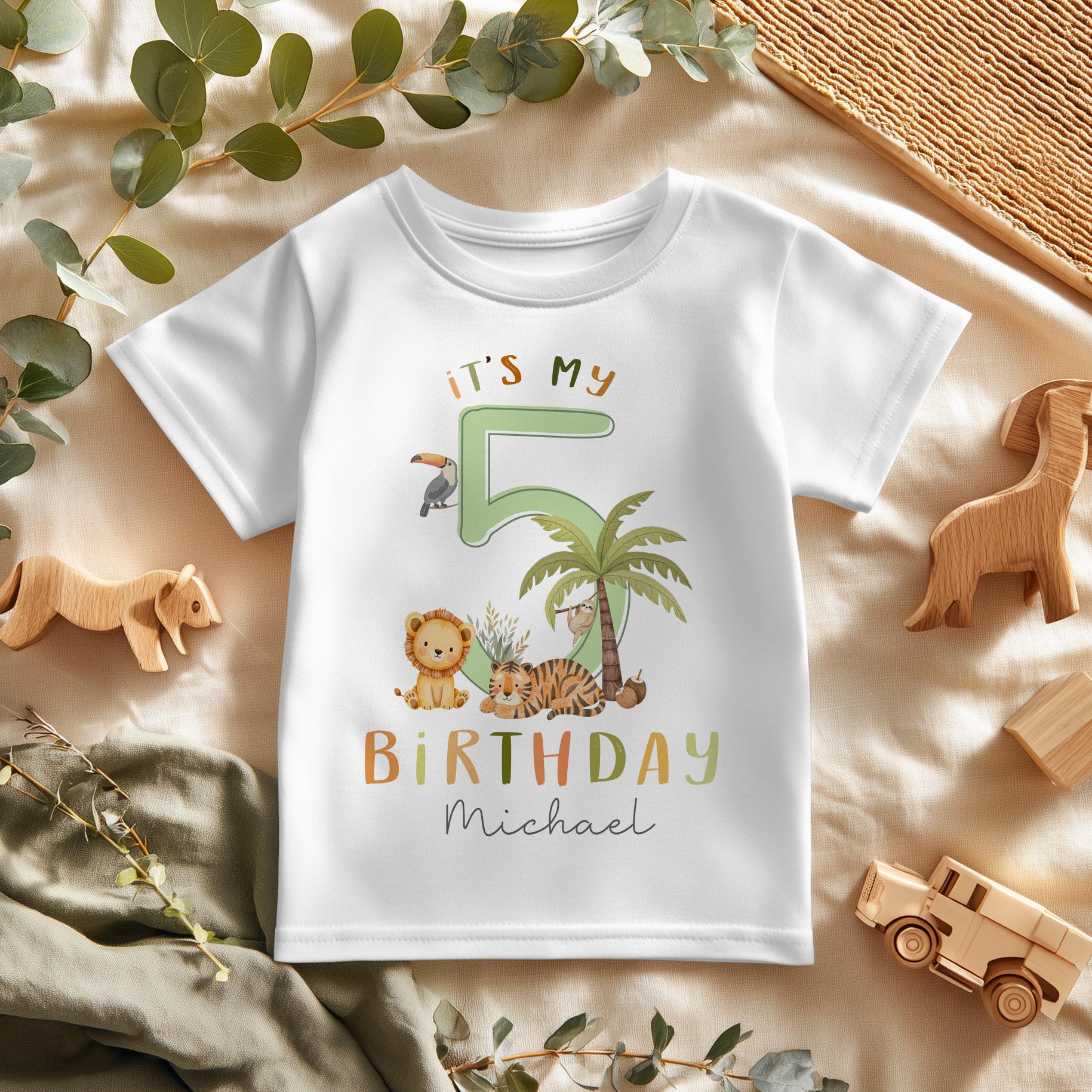 5th Birthday Safari Jungle Animals Personalised Kids T Shirt