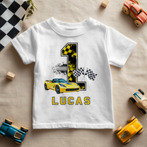 Personalised Name Kids T-Shirt 1st Birthday Yellow Race Car Checkered Flag Finish Line for Toddler Gift