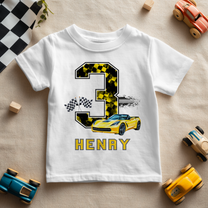 Personalised Name Kids T-Shirt 3rd Birthday Yellow Sports Car Checkered Flag Racing Stripes Halftone for Toddler Gift