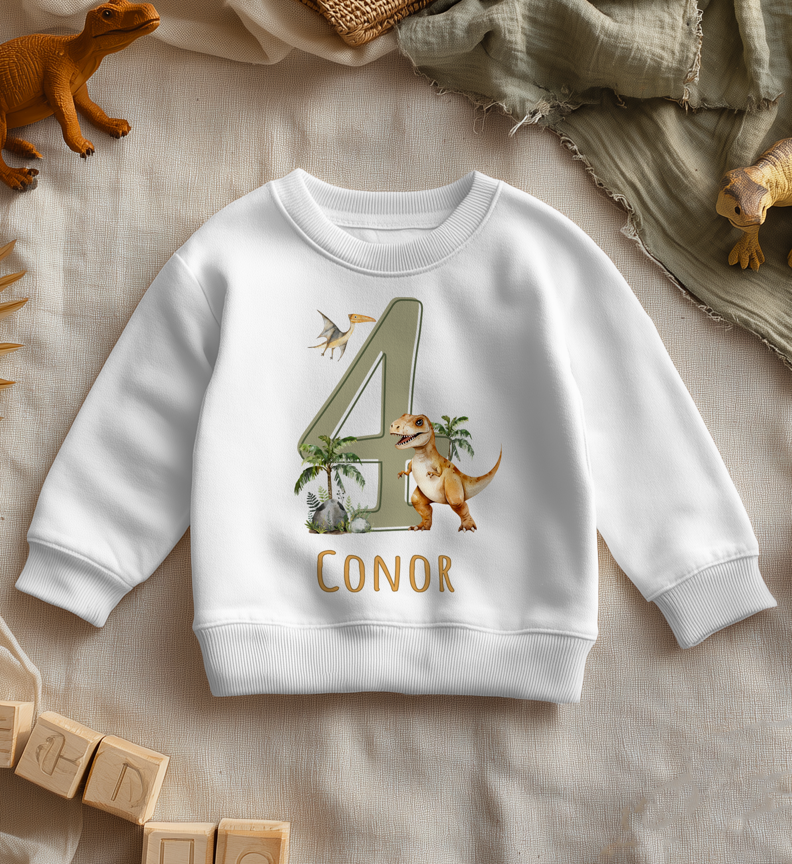 Personalised Name Kids Jumper 4th Birthday T-Rex Dinosaur Pterodactyl Palm Trees Jungle Safari Gift